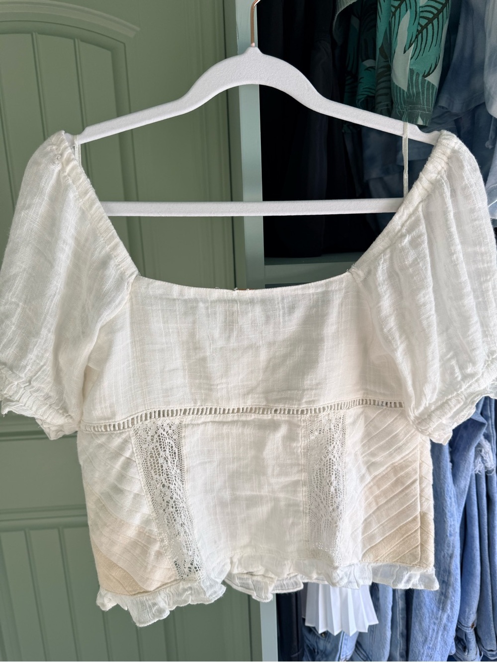 Free People White Crochet-Trim Square Neck Puff Sleeve Top - Flawed - Picture 4 of 5